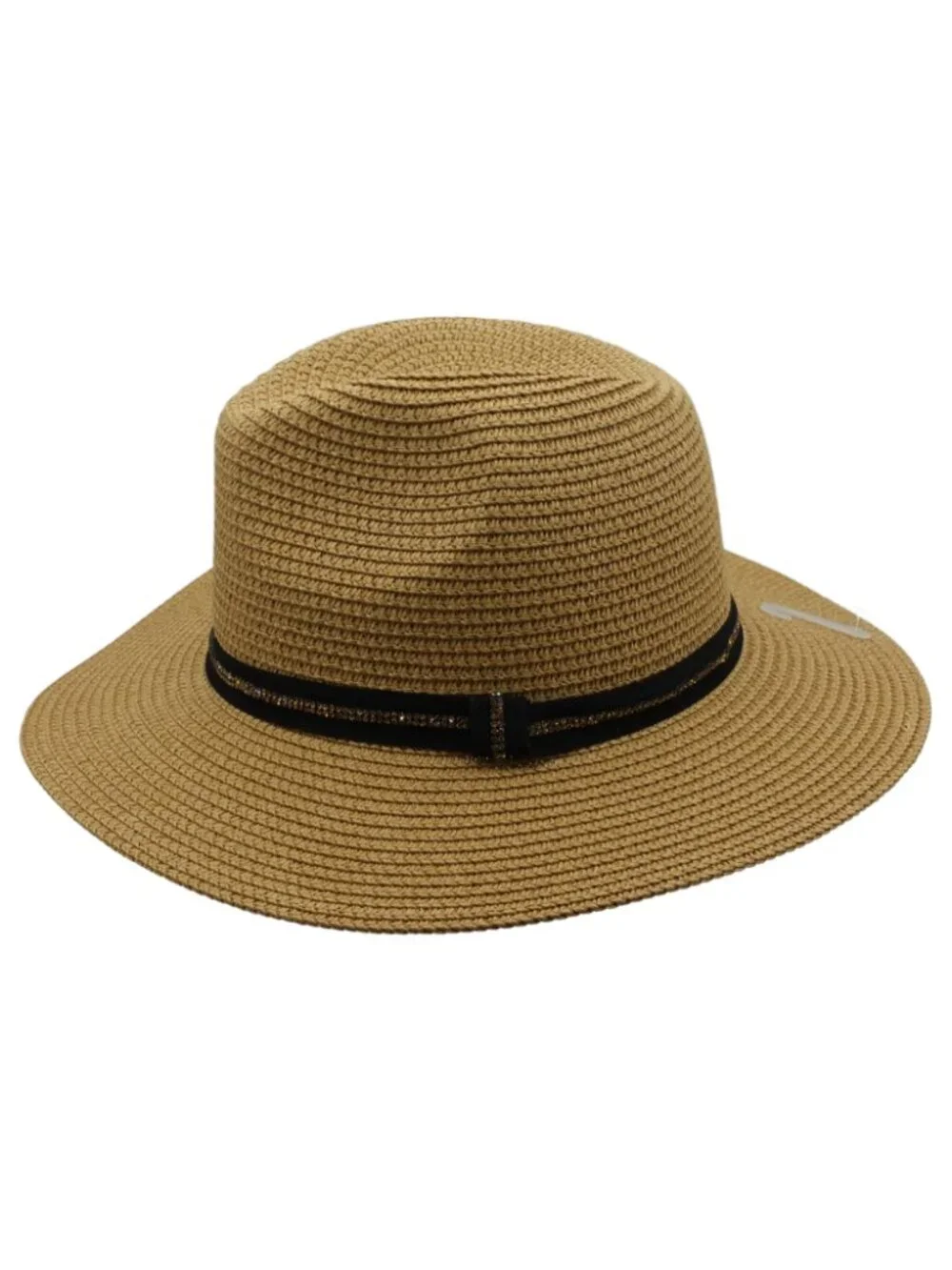 Iluma Straw Fedora Wide Brim Hat Tan with Black band and Rhinestone accents- NEW